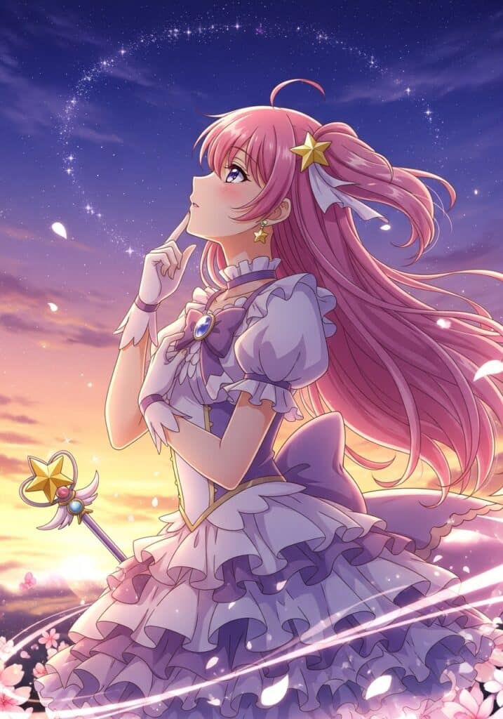 Anime character with pink hair and magical staff gazes at stars in a dreamy twilight sky.