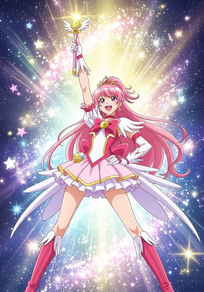 Anime character in magical girl transformation pose, with a glowing wand and vibrant starry background.