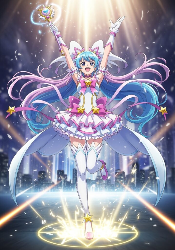 Anime magical girl raising wand against cityscape, sparkles and light beams emphasizing her transformation.