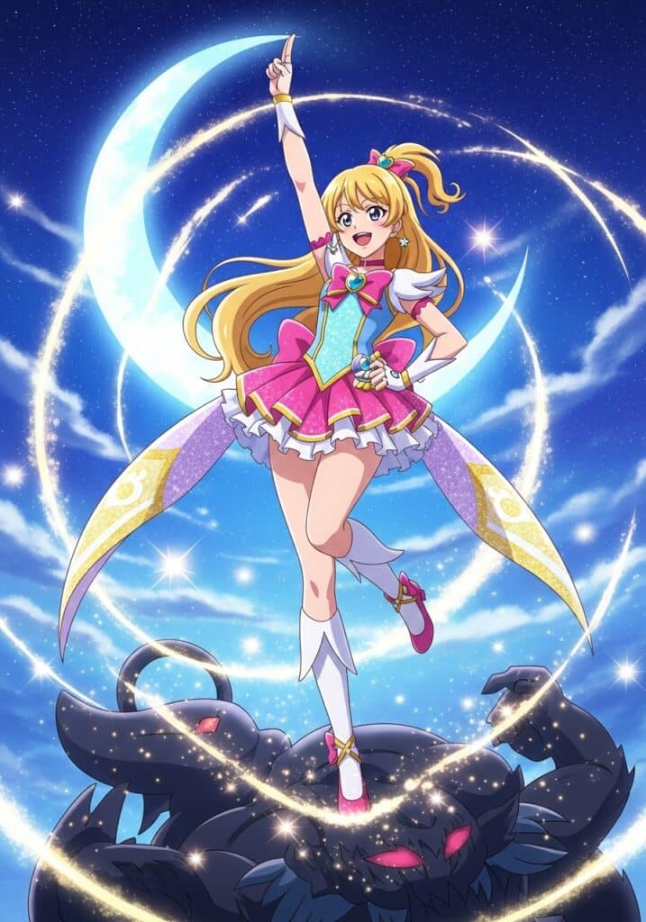 Anime magical girl poses heroically under a crescent moon with sparkling effects and blue night sky.