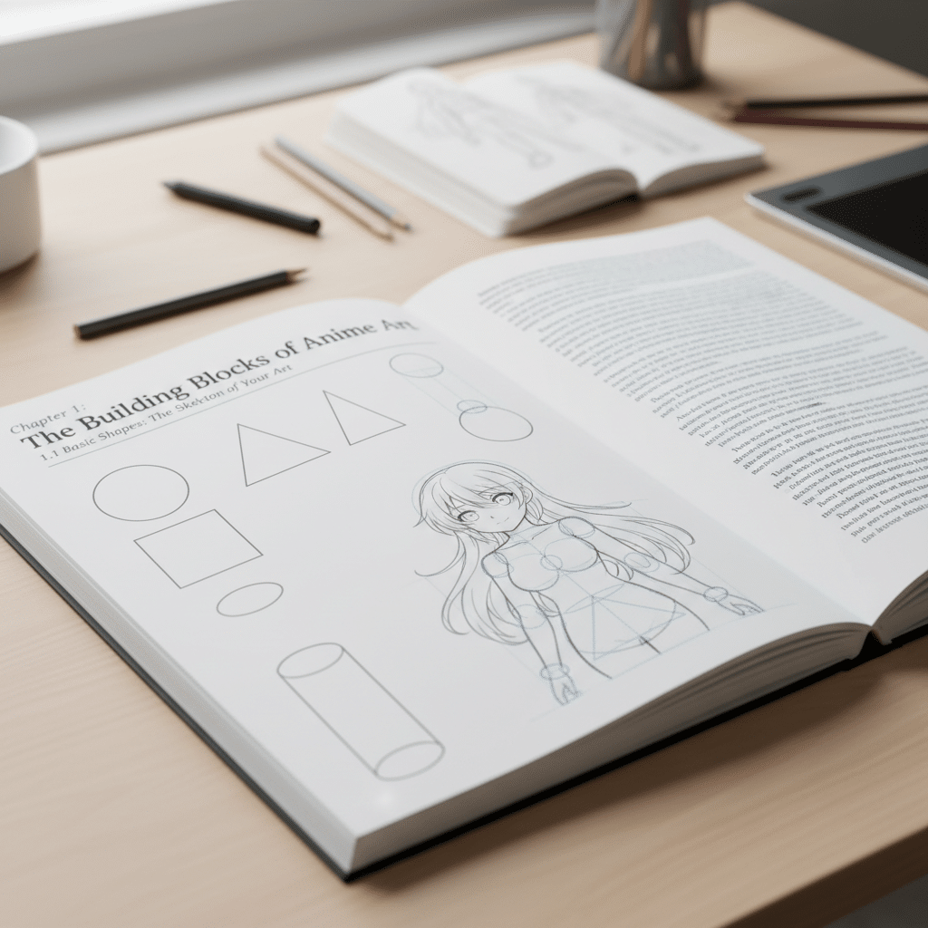 ai-generated-the_anime_artist_s_essential_g-1 Open anime art book on drawing basics with geometric shapes and character sketches on a wooden desk. | Sky Rye Design Open anime art book on drawing basics with geometric shapes and character sketches on a wooden desk.
