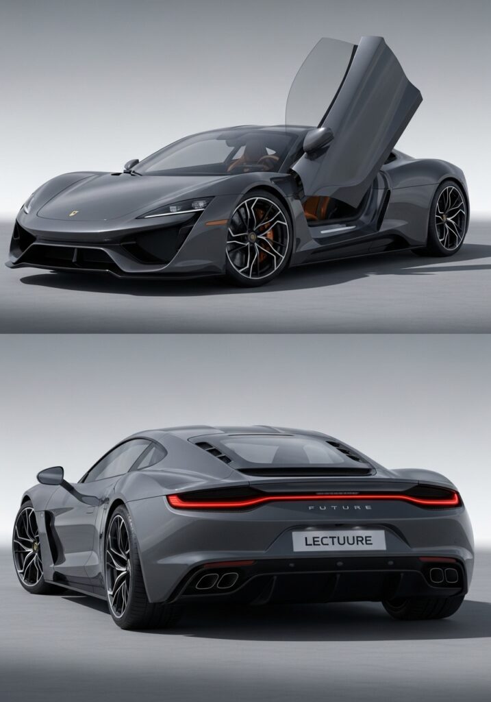 Sleek, modern grey sports car with scissor doors and futuristic design, showcasing front and rear views.