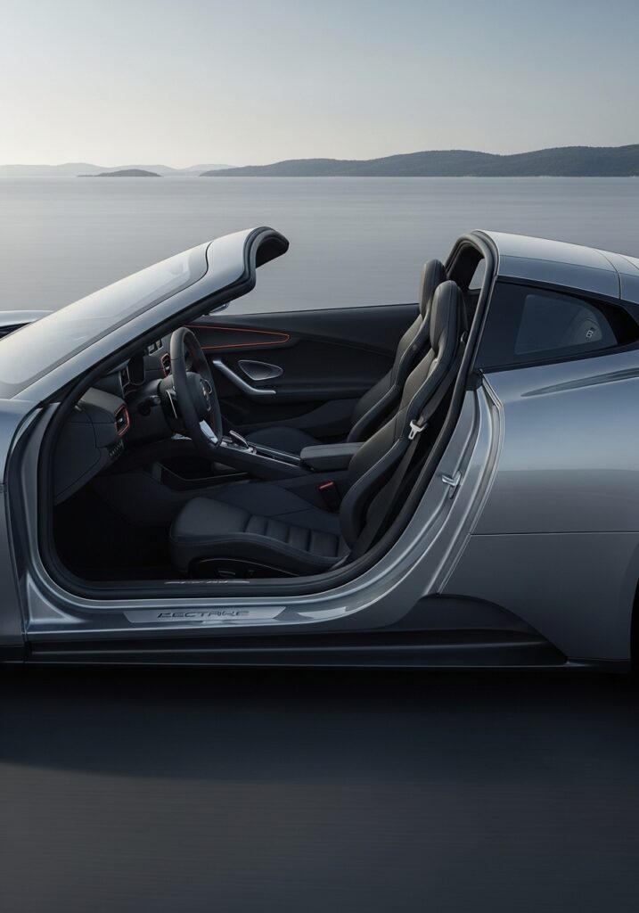 Sleek silver sports car interior with open doors, lakeside view in the background, showcasing luxury and performance.