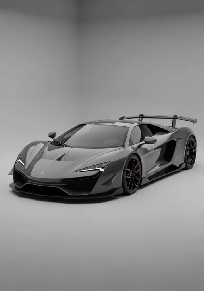 Sleek black sports car with aerodynamic design and rear spoiler in a studio setting.