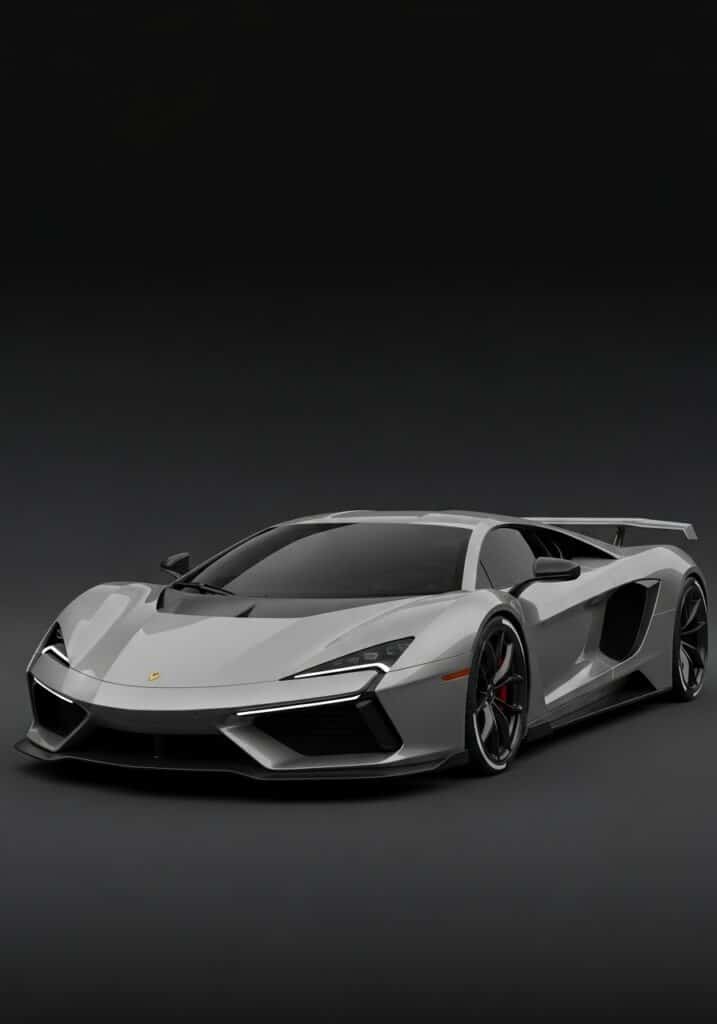 Sleek grey sports car with modern design and aerodynamic features on a dark background.