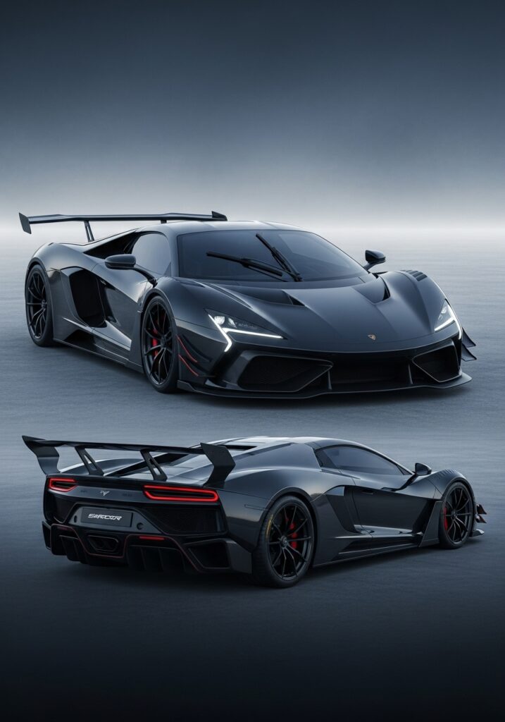 Sleek black sports car, shown from front and rear angles, with aerodynamic design and glossy finish.