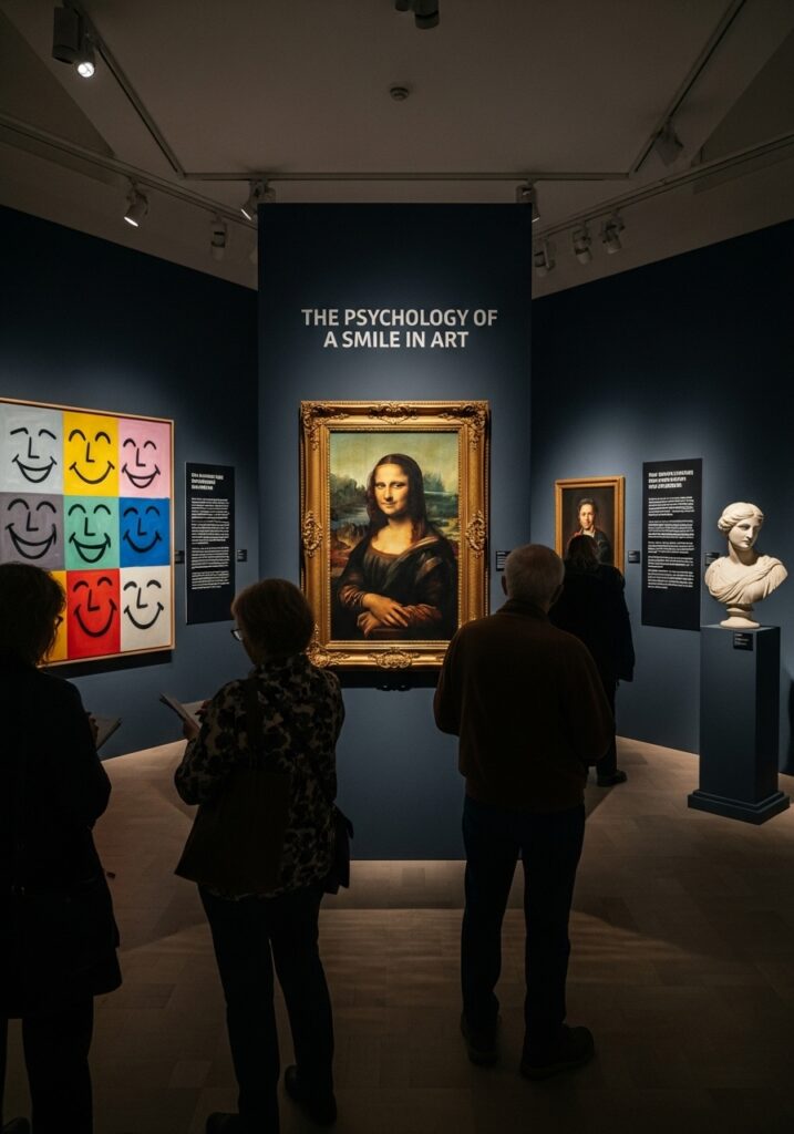 Exhibit titled The Psychology of a Smile in Art featuring the Mona Lisa at a museum.