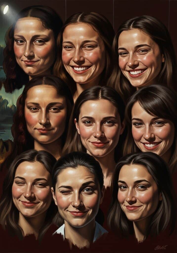 A collage of nine smiling women painted with realistic detail, each with unique expressions on a warm-toned background.