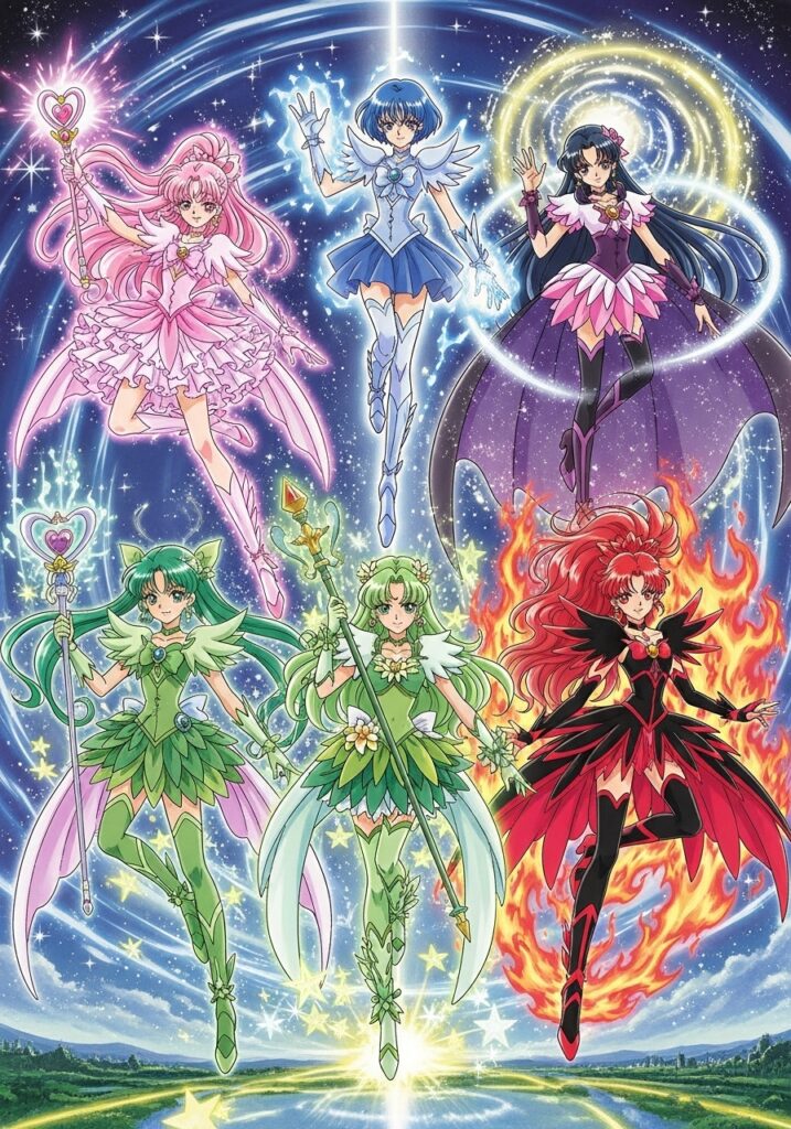 Magical anime characters in vibrant outfits with powerful auras and celestial backgrounds, showcasing fantasy art.