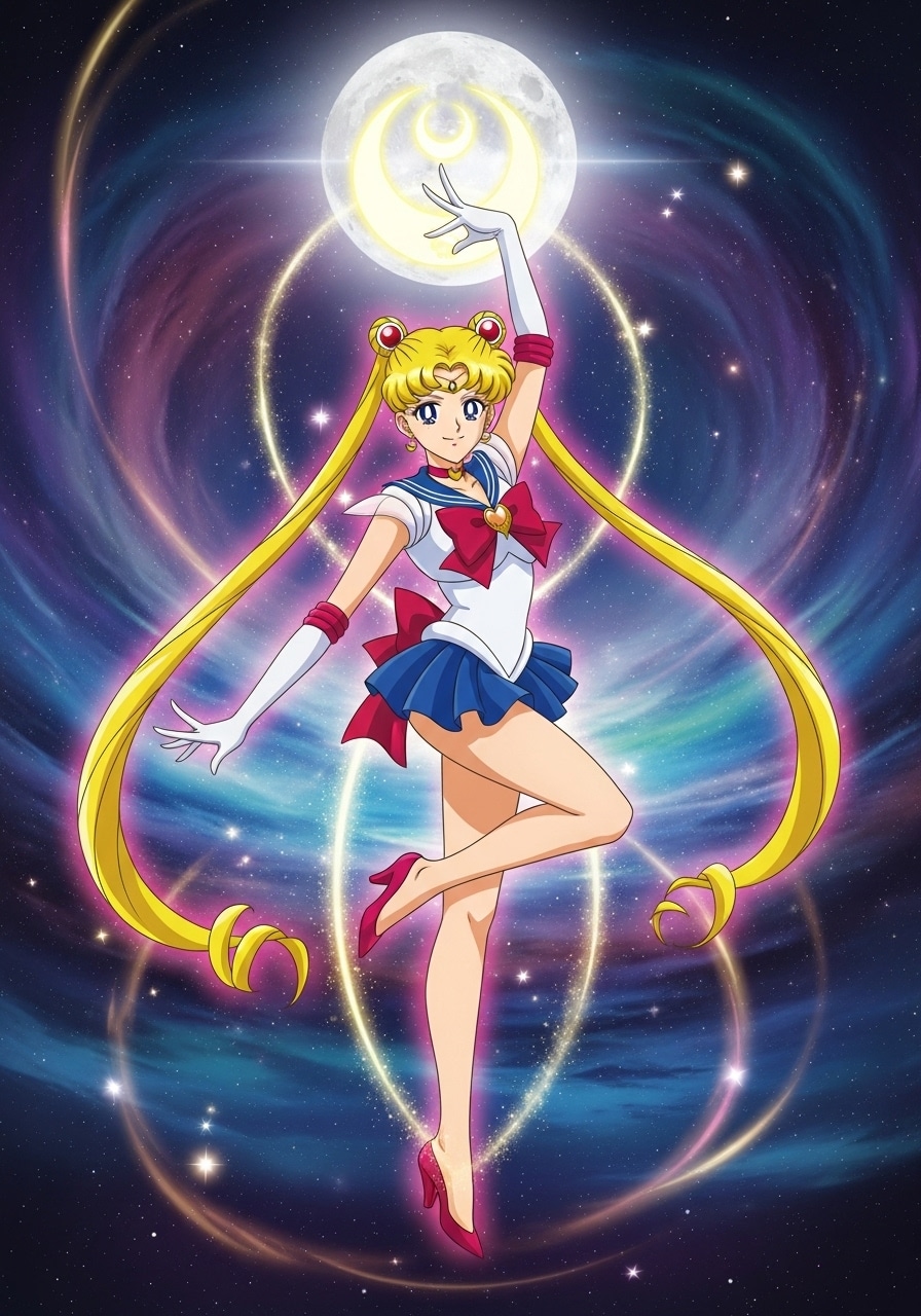 Anime character striking a dynamic pose in front of the moon with a cosmic backdrop.