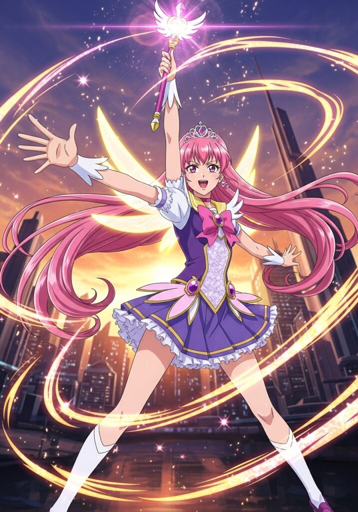 Anime magical girl with pink hair and wand, casting a spell in an urban night setting with swirling light effects.