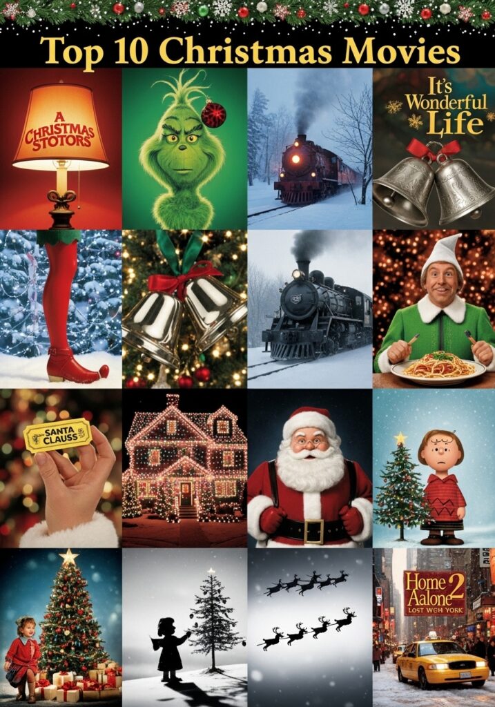 ai-generated-top_10_christmas_movies-2 Collage of classic Christmas movie scenes, featuring iconic holiday symbols and characters. Perfect for festive viewing. | Sky Rye Design Collage of classic Christmas movie scenes, featuring iconic holiday symbols and characters. Perfect for festive viewing.
