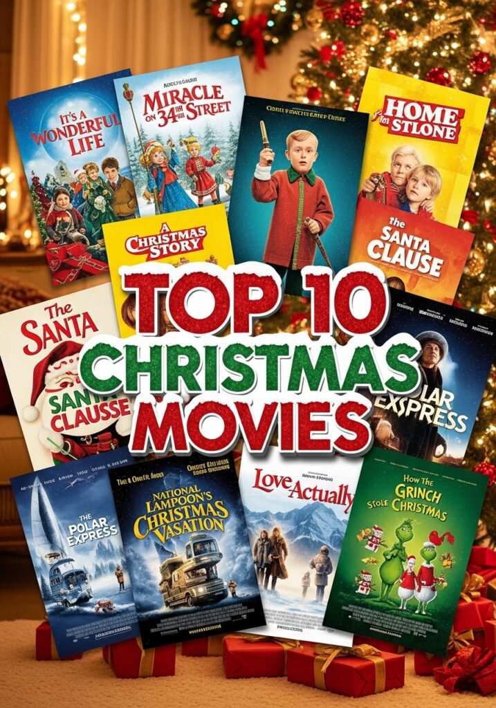 ai-generated-top_10_christmas_movies-3 Top 10 Christmas Movies: Classic holiday film posters with a festive holiday background. | Sky Rye Design Top 10 Christmas Movies: Classic holiday film posters with a festive holiday background.