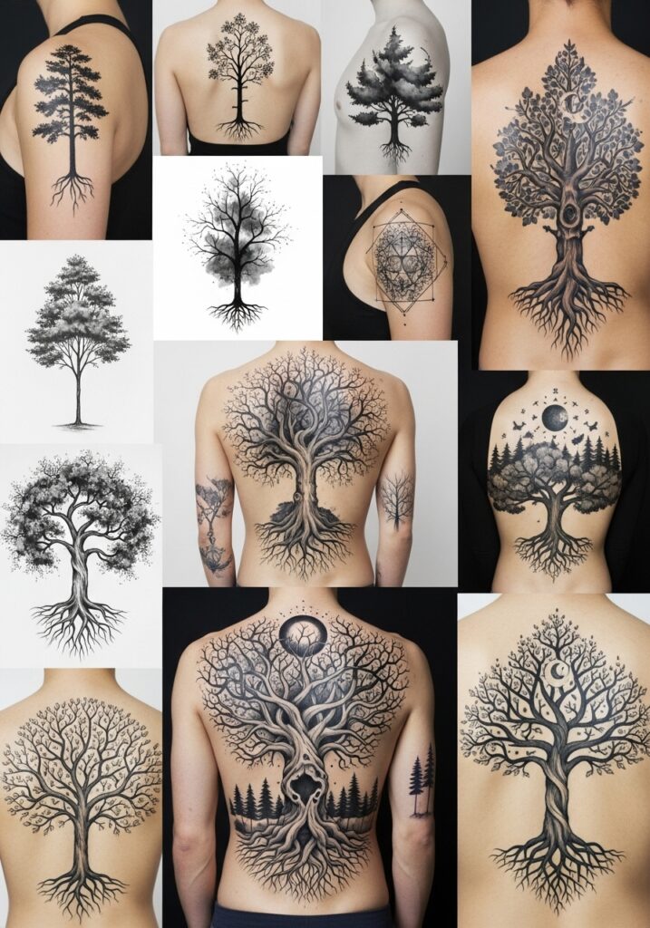 Collage of intricate tree tattoos on backs and arms, featuring roots and branches, black ink artistry.