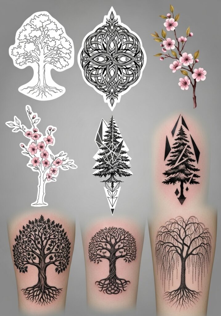 Collection of artistic tree tattoos with intricate designs, featuring floral and geometric elements on a gray background.