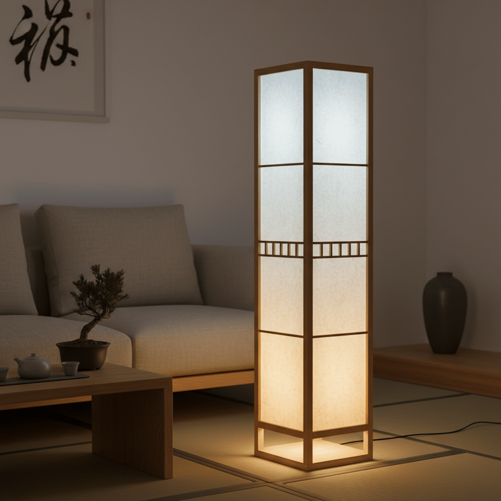 Modern Japanese-style living room with a glowing floor lamp, beige sofa, bonsai plant, and calligraphy art.