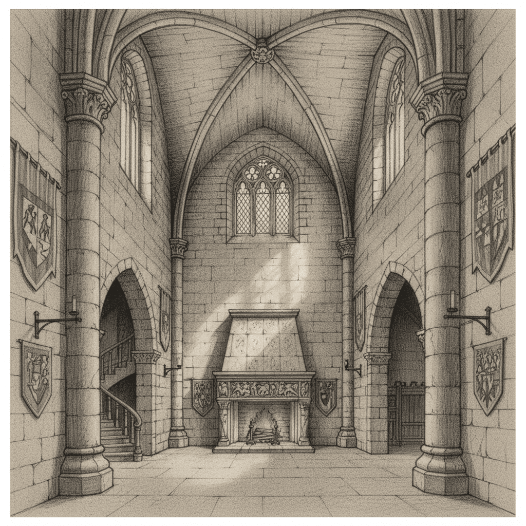 Drawing of a medieval castle interior with high vaulted ceilings, arched windows, and a grand fireplace.