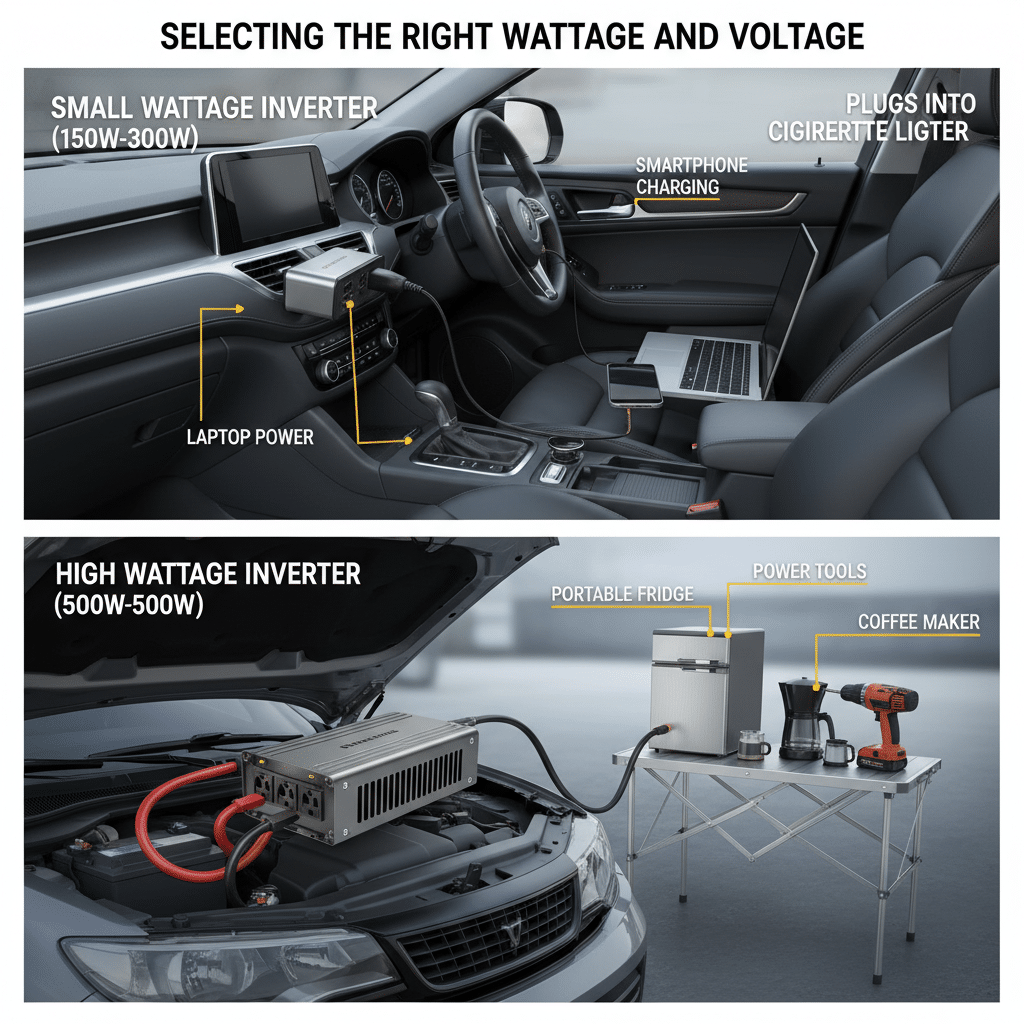 Car power inverters: 150W for laptops and phones; 500W for fridge, coffee maker, and tools.