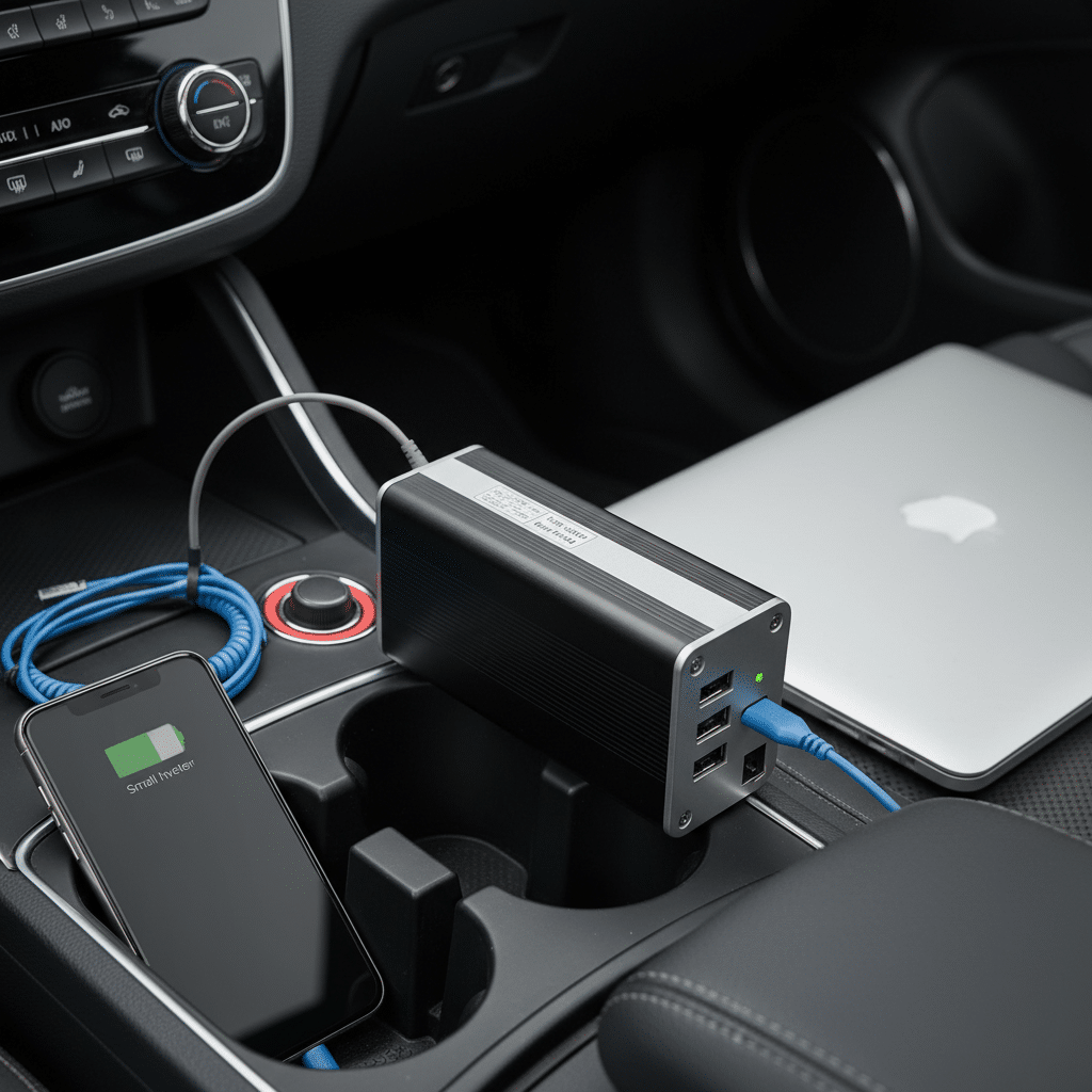 Compact car power inverter charging phone and laptop, featuring multiple USB ports for versatile on-the-go charging.