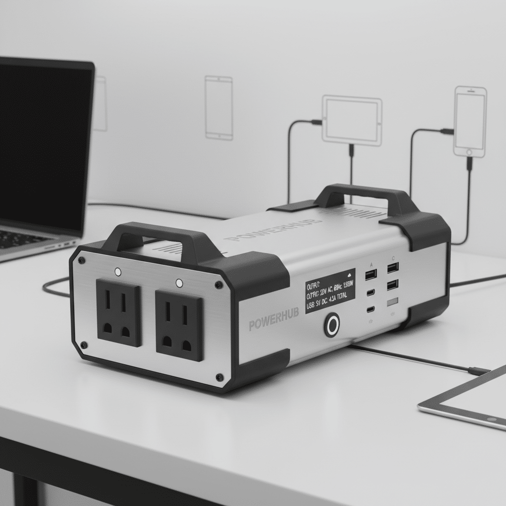 Portable power station with multiple outlets and USB ports on a desk, charging electronic devices efficiently.