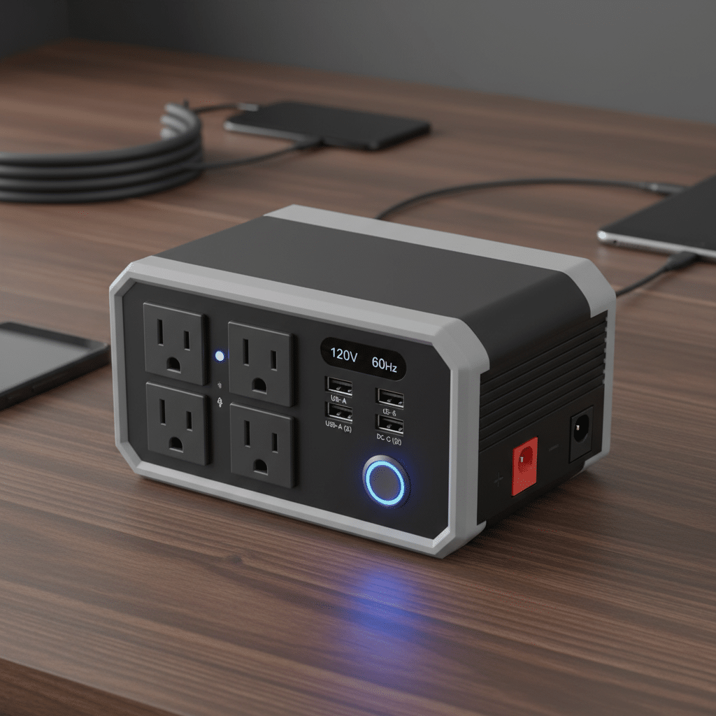 Portable power station with 4 AC outlets and USB ports on a wooden desk for charging multiple devices.