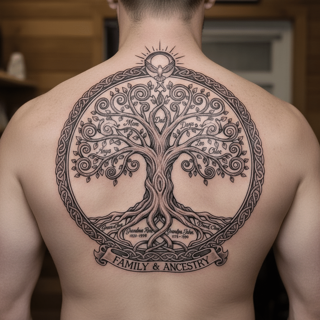Back tattoo featuring an intricately detailed family tree with a Family & Ancestry banner.