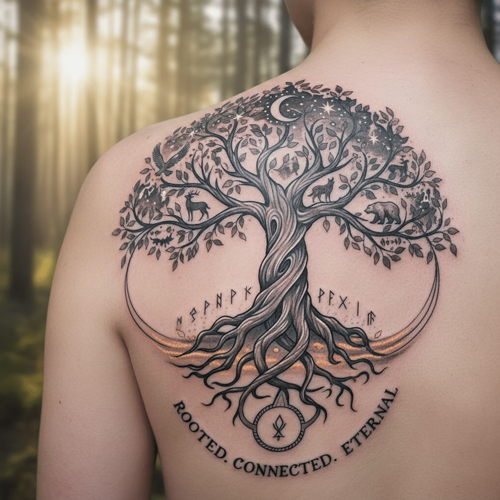Back tattoo with intricate tree design and Norse runes, symbolizing connection and eternity in a forest setting.