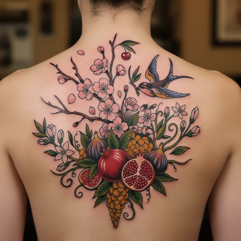 Colorful back tattoo with flowers, fruits, and a bird design.