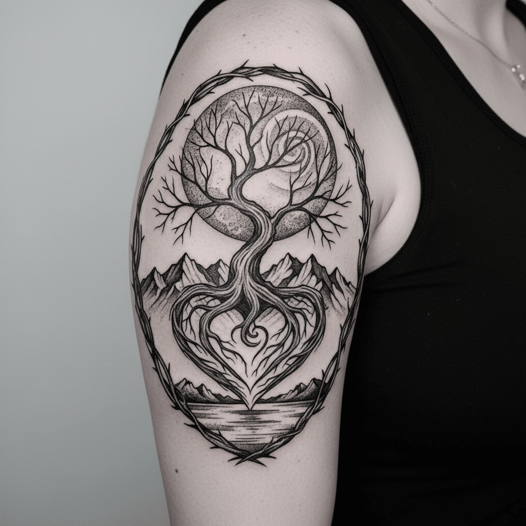 Tattoo of a tree with roots forming a heart, set against mountains and moon on an arm.
