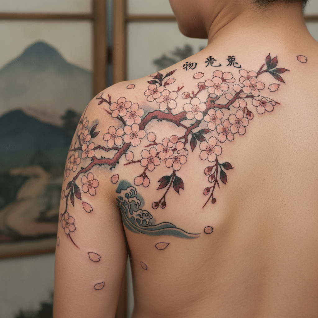 Cherry blossom tattoo with waves on a person's back, Japanese art style, delicate petals, elegant design.