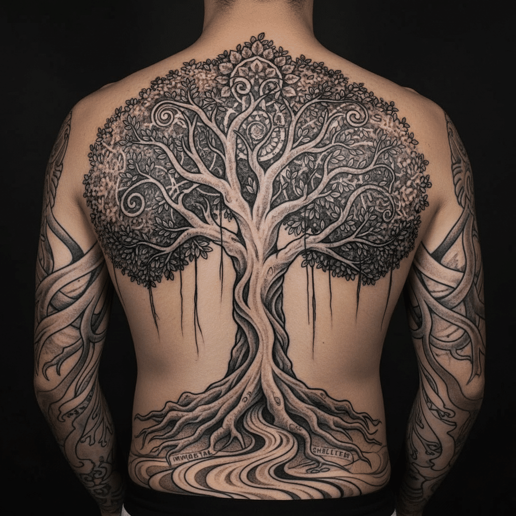 Intricate tree tattoo covering a person's back, featuring swirling branches and roots, symbolizing growth and strength.