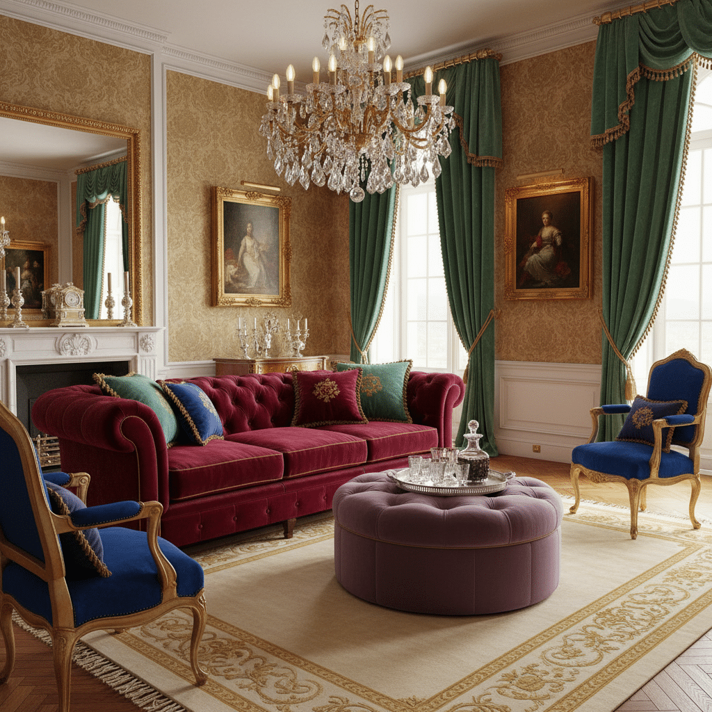 Luxurious vintage living room with velvet sofa, chandelier, and elegant green drapes.