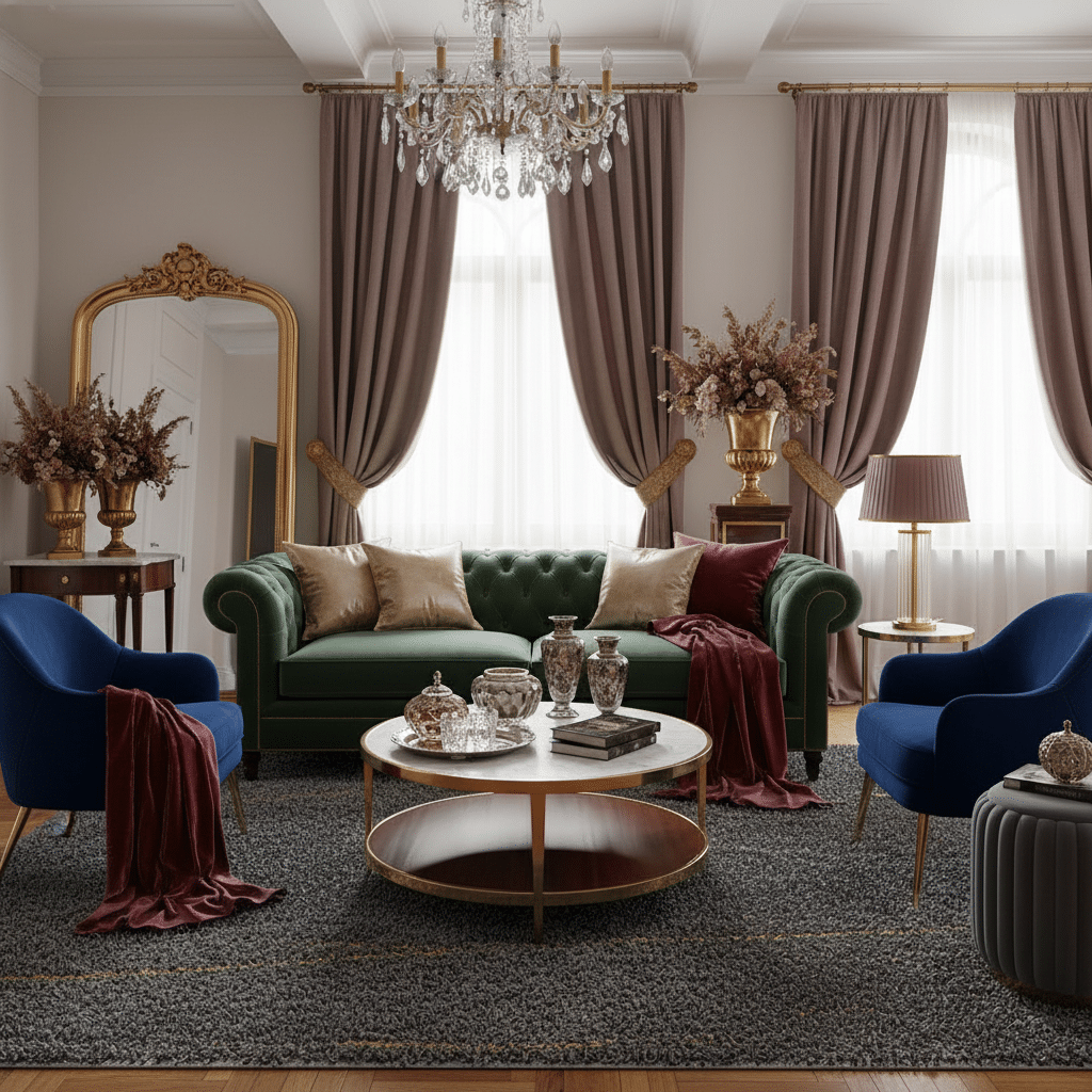 Elegant living room with green sofa, blue chairs, chandelier, and decorative accents in a classic setting.