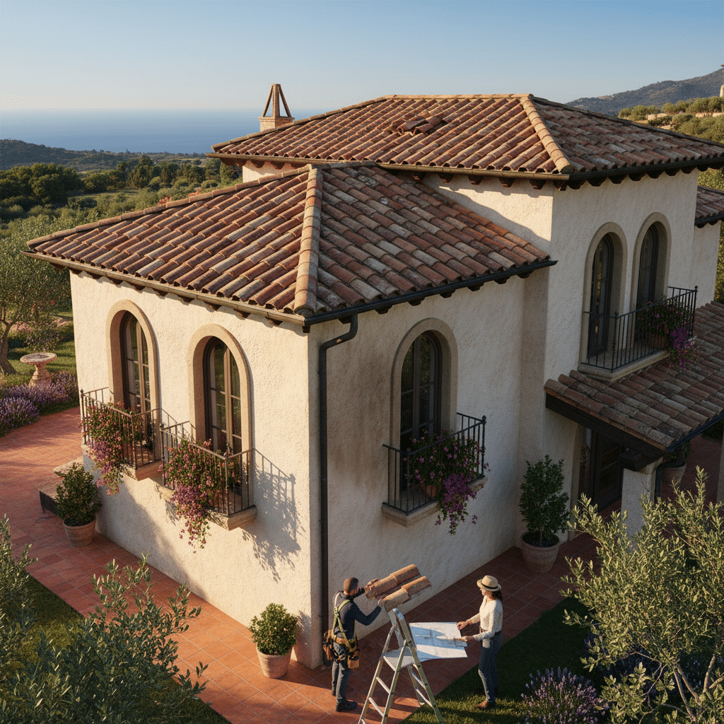 ai-photo-studio-1760107108137-1 Mediterranean-style villa with terracotta roof, lush garden, and ocean views; two people discussing renovation plans. | Sky Rye Design Mediterranean-style villa with terracotta roof, lush garden, and ocean views; two people discussing renovation plans.