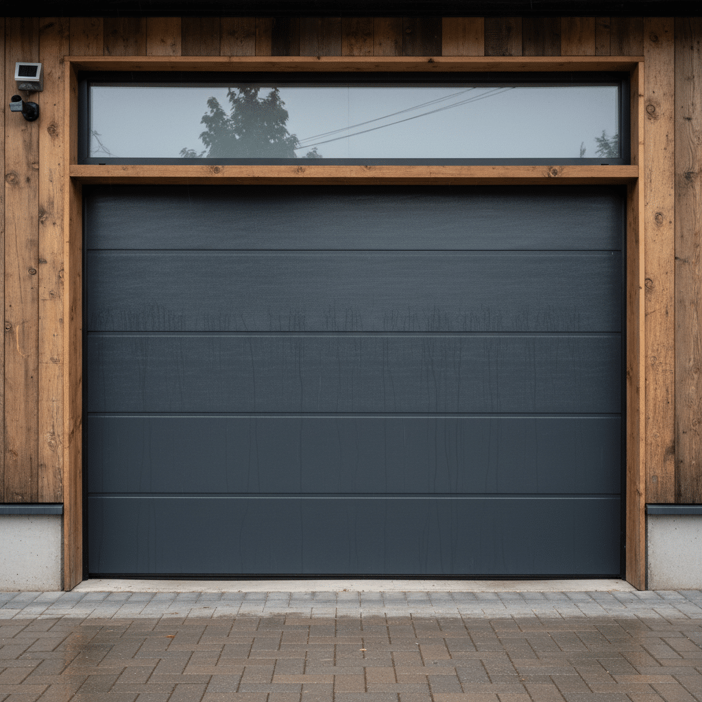 Modern charcoal garage door with wood paneling on a rainy day.