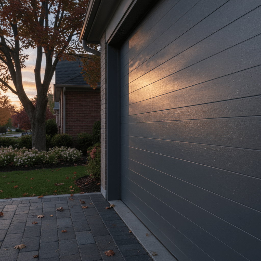 Modern gray garage door reflecting sunset in quiet suburban neighborhood with trees and brick house.