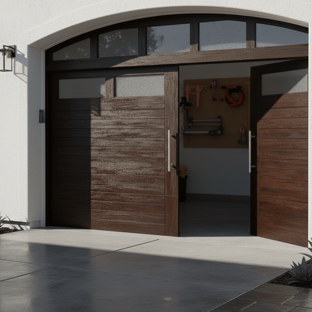 Open wooden garage doors revealing tools on a pegboard wall, sunlight casting shadows on the concrete driveway.