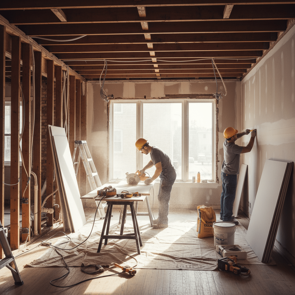 ai-photo-studio-1760178732897-1 Construction workers renovating room with exposed beams, installing drywall and using power tools, wearing safety gear. | Sky Rye Design Construction workers renovating room with exposed beams, installing drywall and using power tools, wearing safety gear.