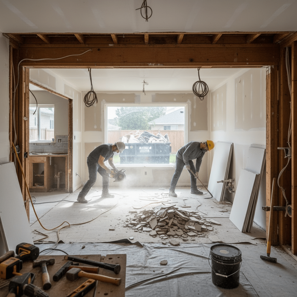 ai-photo-studio-1760178734840-2 Construction workers renovating a home interior, removing debris with power tools near a large window. | Sky Rye Design Construction workers renovating a home interior, removing debris with power tools near a large window.