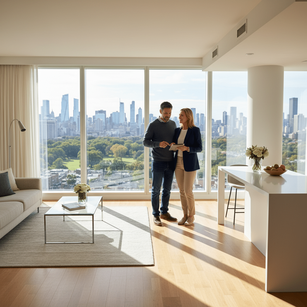 ai-photo-studio-1760180236104-1 Couple in modern apartment with city view, examining tablet. Bright, spacious living area with stylish decor. | Sky Rye Design Couple in modern apartment with city view, examining tablet. Bright, spacious living area with stylish decor.