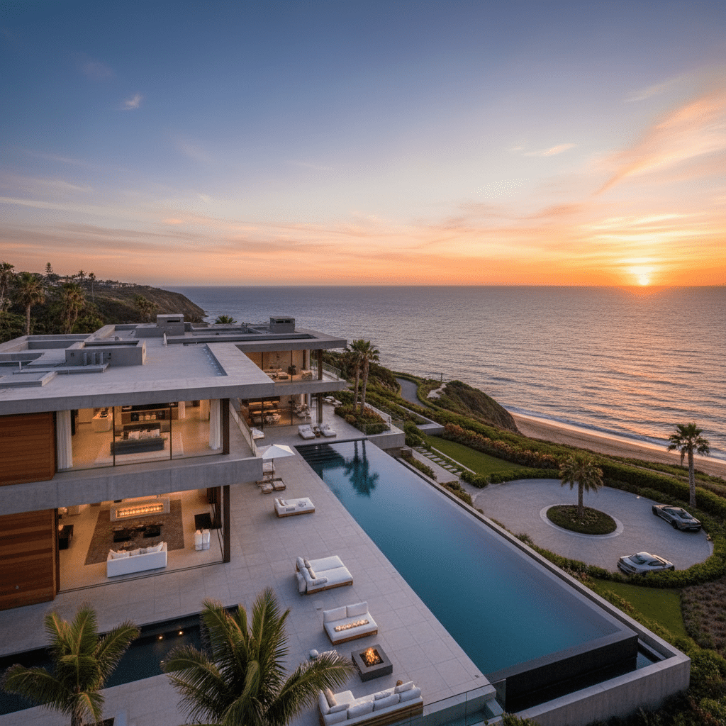 ai-photo-studio-1760180277099-2 Luxurious beachfront villa at sunset with infinity pool overlooking ocean, palm trees, and modern design elements. | Sky Rye Design Luxurious beachfront villa at sunset with infinity pool overlooking ocean, palm trees, and modern design elements.