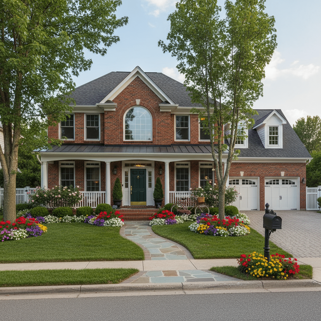 ai-photo-studio-1760180499284-1 Red brick house with colorful garden, trees, and a two-car garage, under a clear blue sky. | Sky Rye Design Red brick house with colorful garden, trees, and a two-car garage, under a clear blue sky.