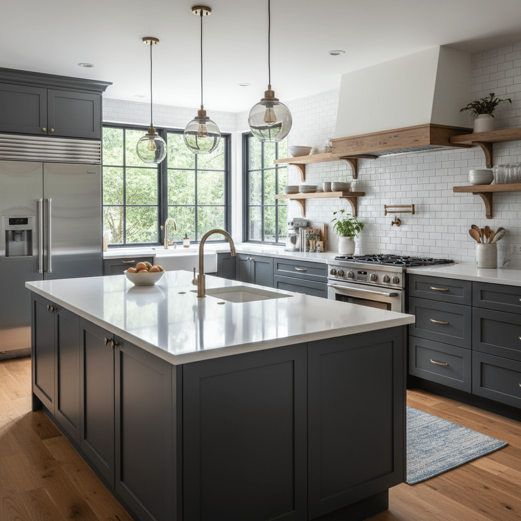 ai-photo-studio-1760180563552-2 Modern kitchen with gray cabinets, white countertops, and pendant lights over a central island. | Sky Rye Design Modern kitchen with gray cabinets, white countertops, and pendant lights over a central island.