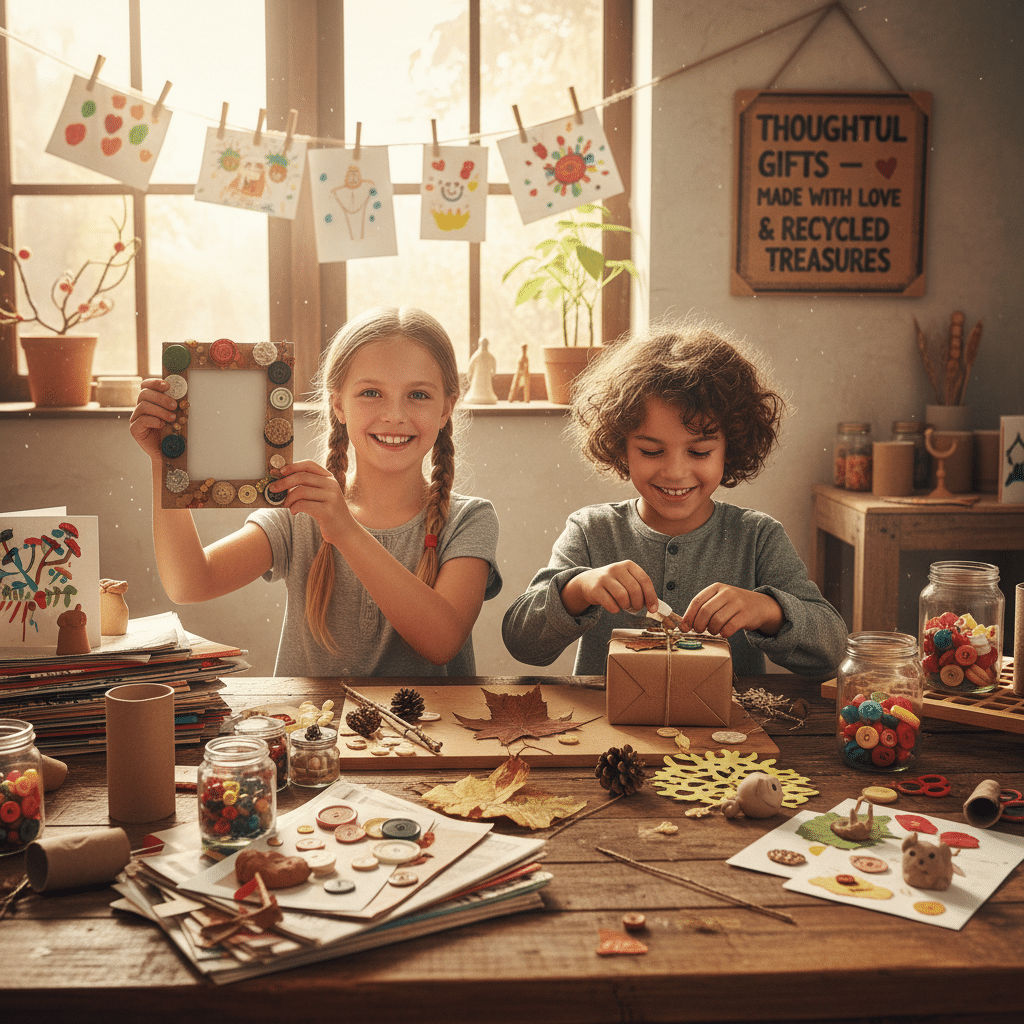 ai-photo-studio-1760282033571-1 Two children crafting with recycled materials, creating handmade gifts in a cozy, sunlit room filled with art supplies. | Sky Rye Design Two children crafting with recycled materials, creating handmade gifts in a cozy, sunlit room filled with art supplies.