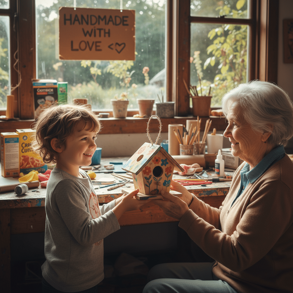 ai-photo-studio-1760282038301-2 Grandmother and child craft painted birdhouse in cozy workshop, sign reads Handmade with Love. | Sky Rye Design Grandmother and child craft painted birdhouse in cozy workshop, sign reads Handmade with Love.