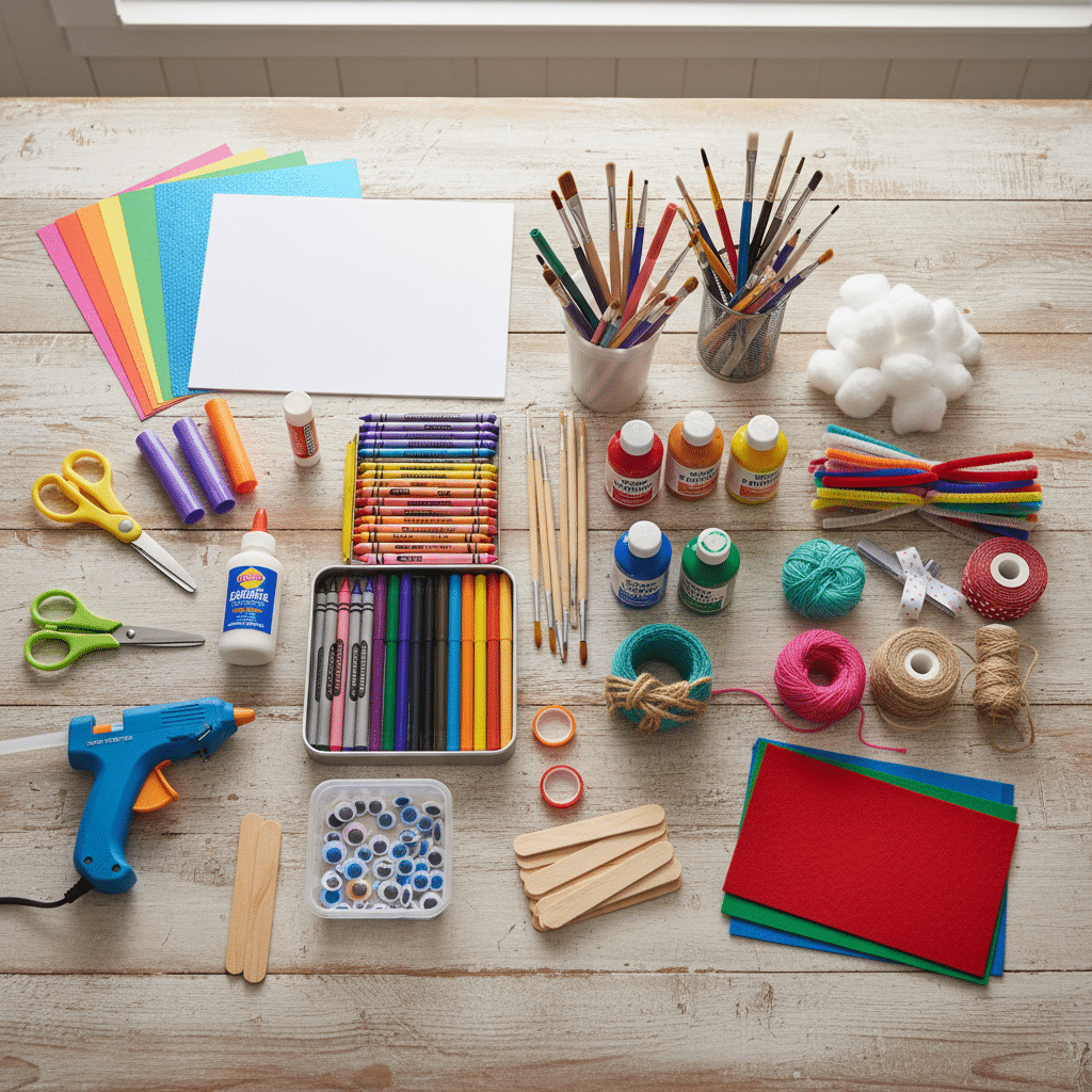 ai-photo-studio-1760282187589-1 Assorted colorful art and craft supplies on a table, including markers, paints, brushes, and scissors. | Sky Rye Design Assorted colorful art and craft supplies on a table, including markers, paints, brushes, and scissors.