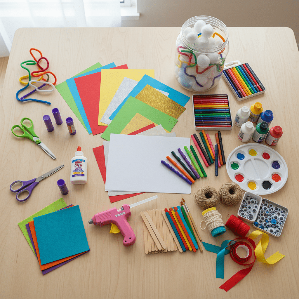 ai-photo-studio-1760282189336-2 Arts and crafts supplies on a table, including scissors, glue, paper, markers, paint, and ribbons for creative projects. | Sky Rye Design Arts and crafts supplies on a table, including scissors, glue, paper, markers, paint, and ribbons for creative projects.