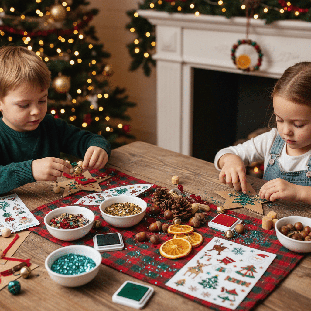 ai-photo-studio-1760282270136-1 Children crafting Christmas decorations with glitter and dried oranges on a festive table near a decorated tree. | Sky Rye Design Children crafting Christmas decorations with glitter and dried oranges on a festive table near a decorated tree.