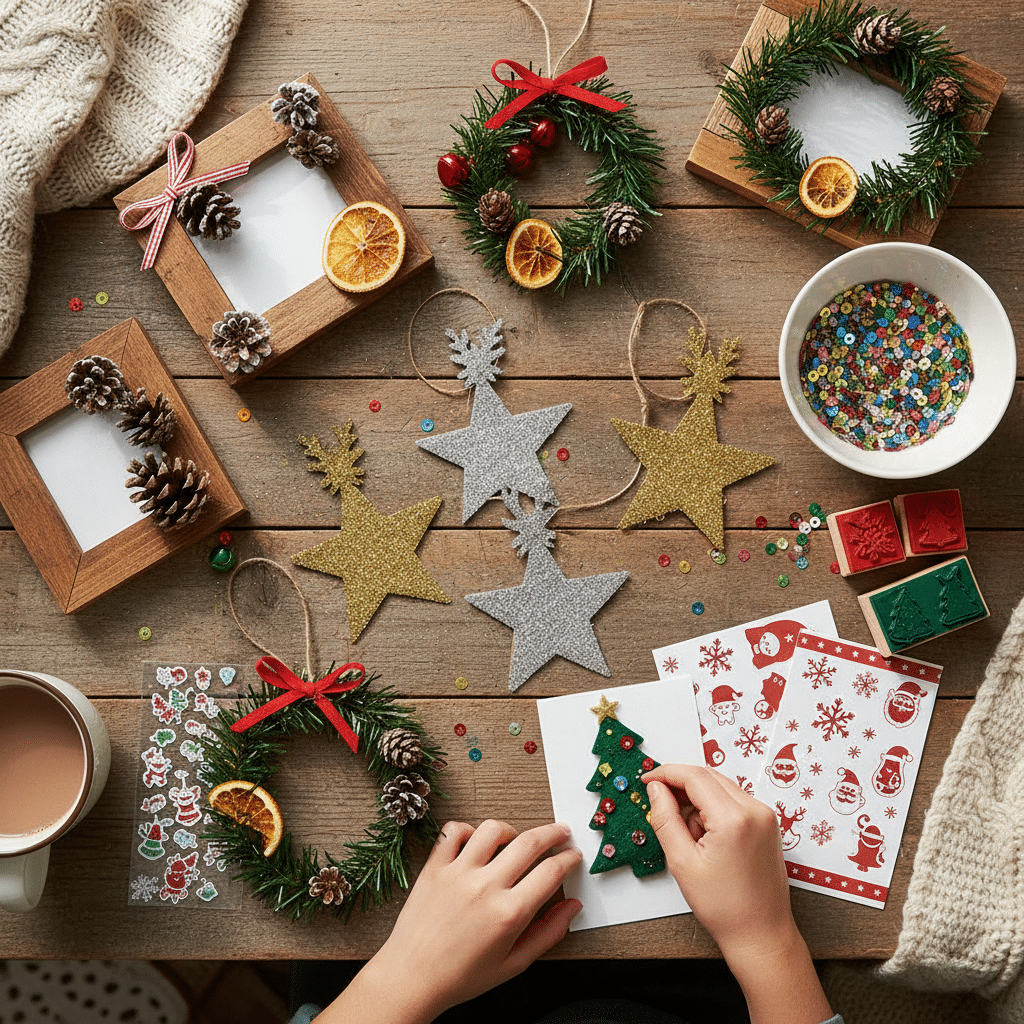 ai-photo-studio-1760282272106-2 Christmas crafting with wreaths, stars, stickers, and a cup of hot cocoa on a wooden table. | Sky Rye Design Christmas crafting with wreaths, stars, stickers, and a cup of hot cocoa on a wooden table.