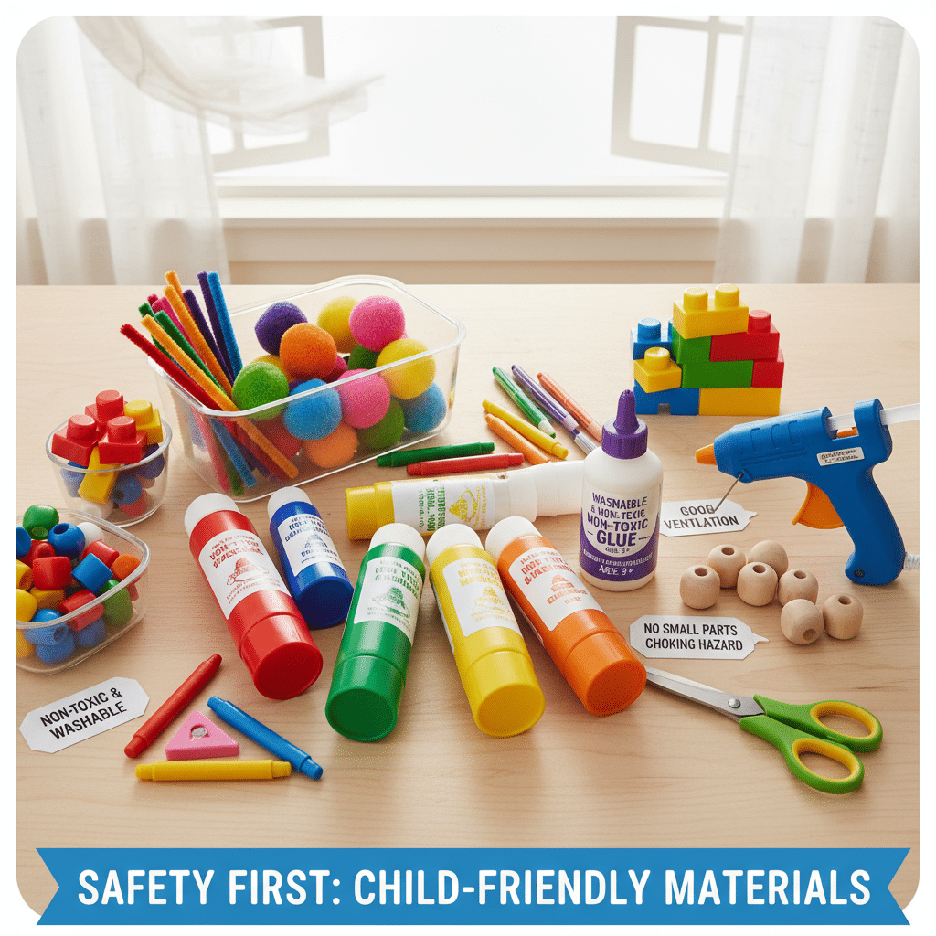 ai-photo-studio-1760282364785-1 Child-safe craft materials on table: non-toxic glue, colorful markers, pom-poms, and building blocks for kids. | Sky Rye Design Child-safe craft materials on table: non-toxic glue, colorful markers, pom-poms, and building blocks for kids.
